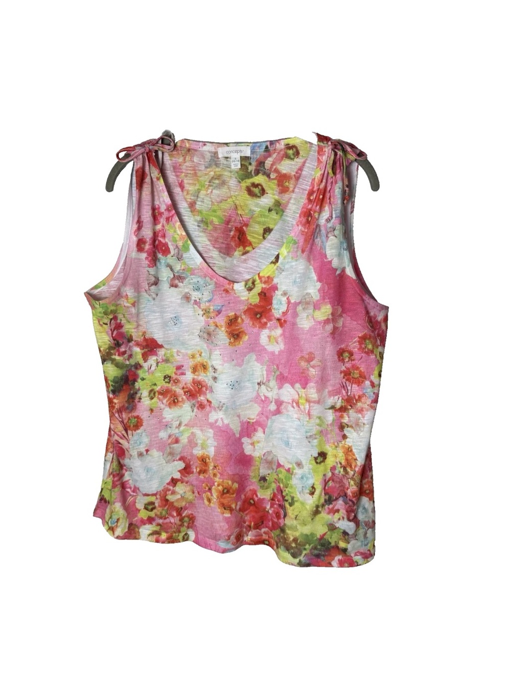 Concepts Sleeveless Top Size Large Tie Shoulder Bling Front Colorful Floral